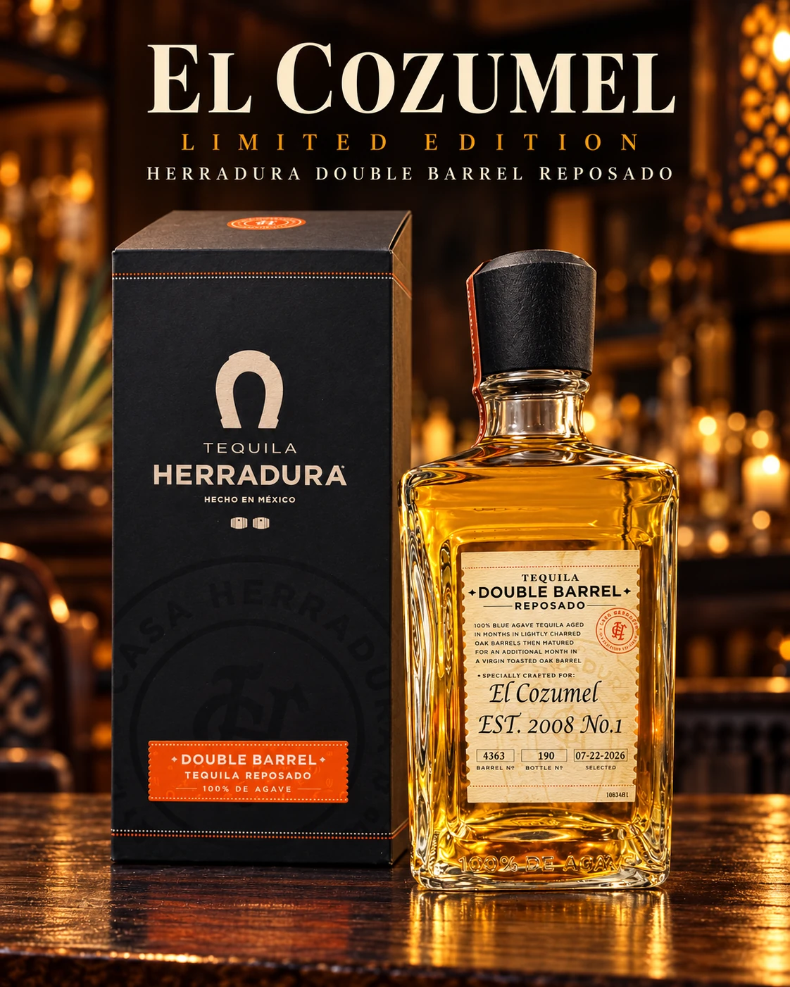 El Cozumel limited-edition Herradura Double Barrel Reposado tequila and presentation box, with the custom El Cozumel label.